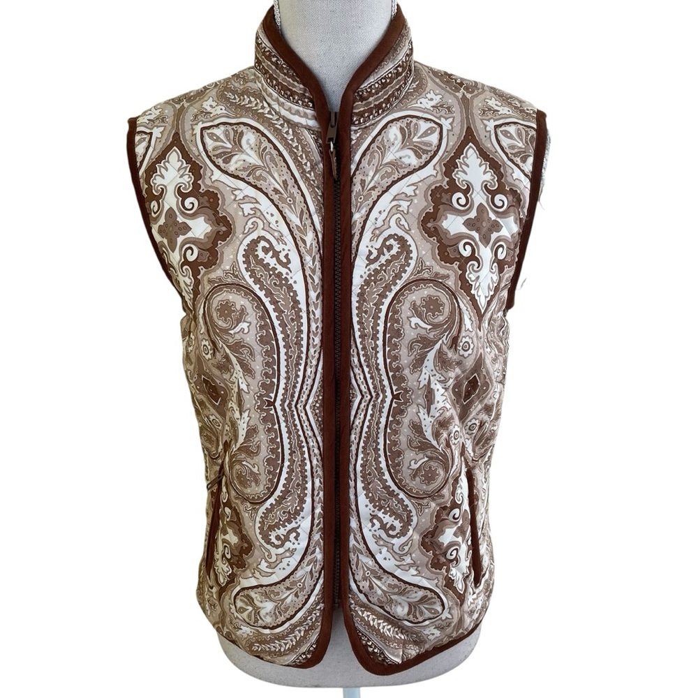 J. McLaughlin Brown/Cream Silk Paisley Patterned Sleeveless Quilted Vest S